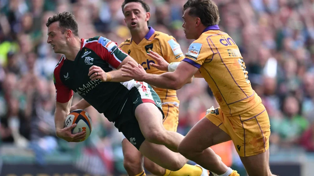 Adan Radwan prepares to go over for Leicester's fourth try in their record win over Northampton.
