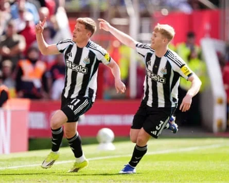 Harvey Barnes celebrates with Lewis Hall after scoring against Nottingham Forest